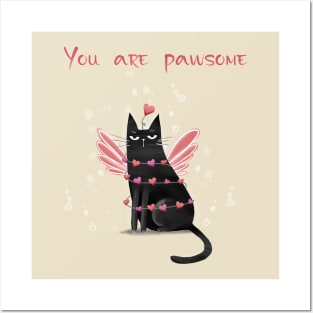 Happy valentines black cat. Cute cat and red hearts. Posters and Art